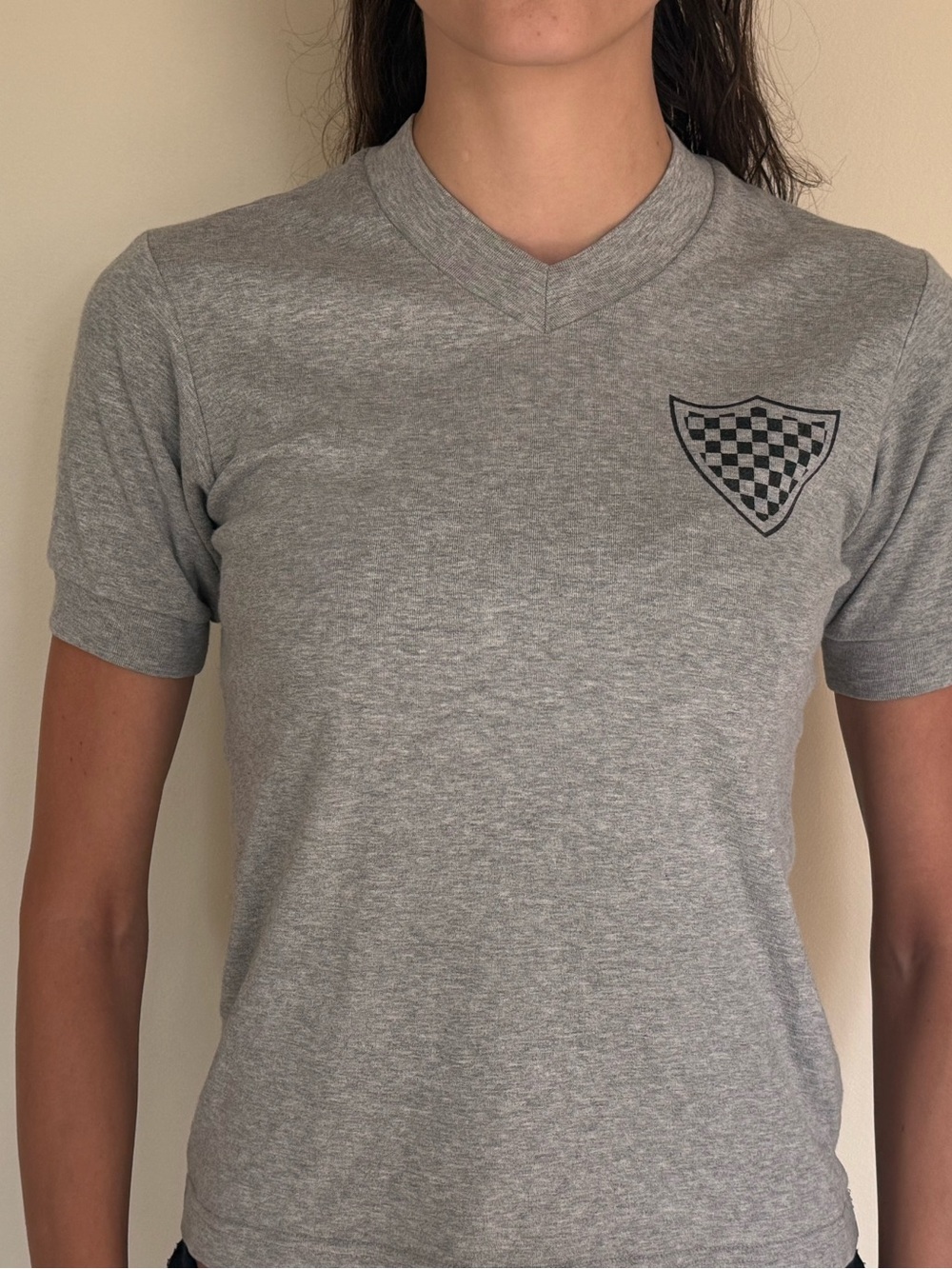 Comme des Garcons Grey V‑Neck Tee with Checker Shield